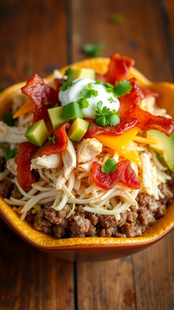 A protein-packed carnivore taco bowl with beef, chicken, bacon, cheese, avocado, and sour cream on a rustic table.